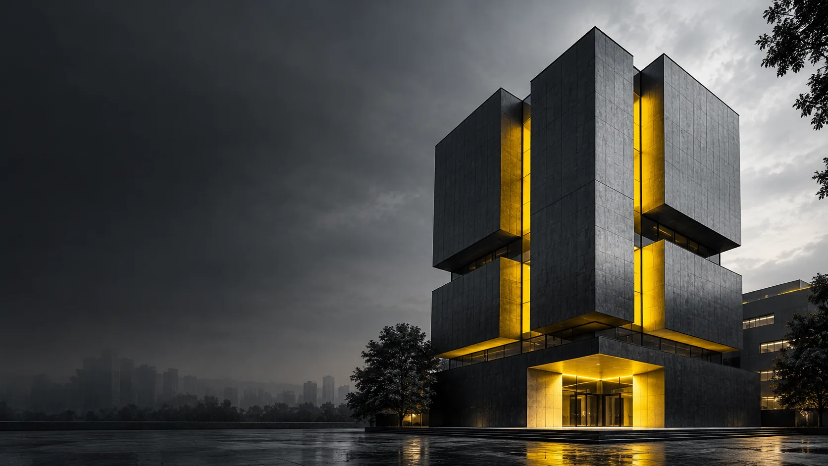 A monolithic concrete tower lit by bands of yellow light under a grey sky